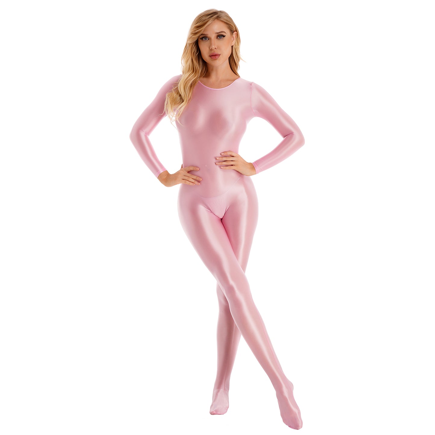 Womens Oil Glossy Bodysuit One Piece Swimwear Long Sleeve Teddies Stretchy Jumpsuit Bodystocking Rave Party Clubwear Swimwear