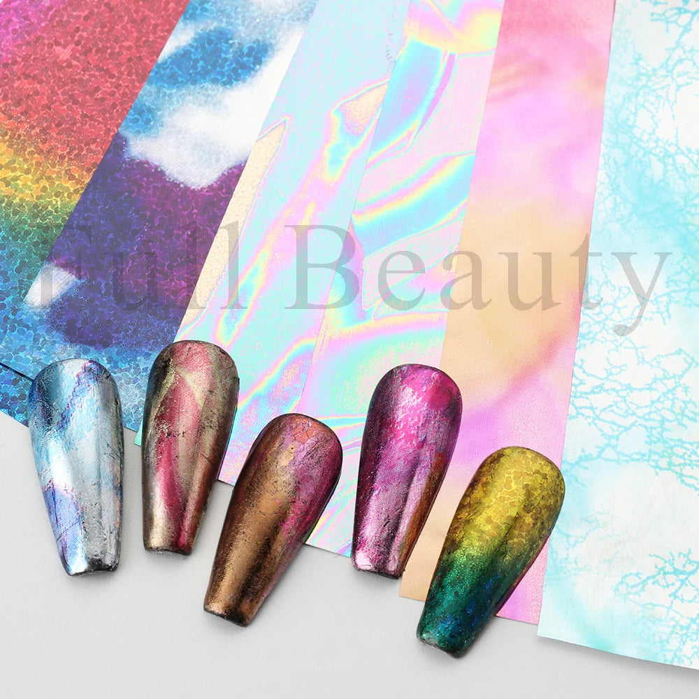 10Pcs Hologram Transfer Foil Nails Laser Stars Holographic Nail Stickers Mermaid Tail Sliders Metallic Gel Polish Wraps NLXKY01