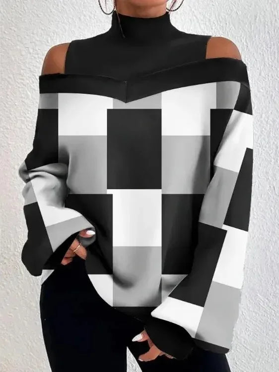 2024Ladies Long Sleeve Turtleneck Tops Women Sexy Off Shoulder Hollow Out Loose Printing T-shirt 2024 Autumn Fashion T-shirt Top Viralgem Store