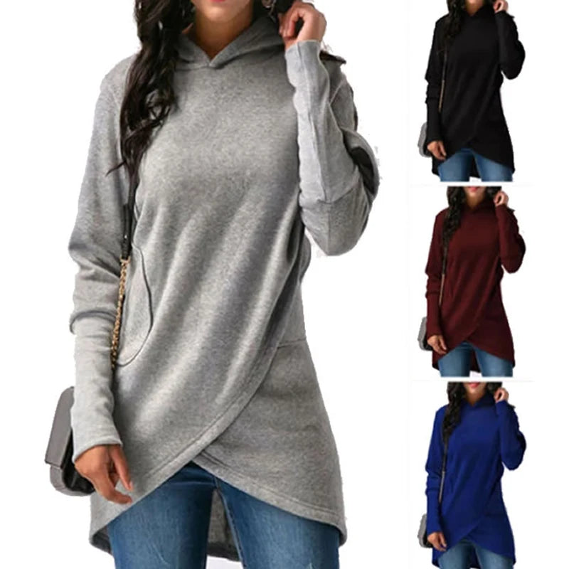 2023 Autumn Winter Solid Color Sweater Hooded Long Sleeve Women Clothing Fashion Casual Sports Top Cross Connection Long Sweater