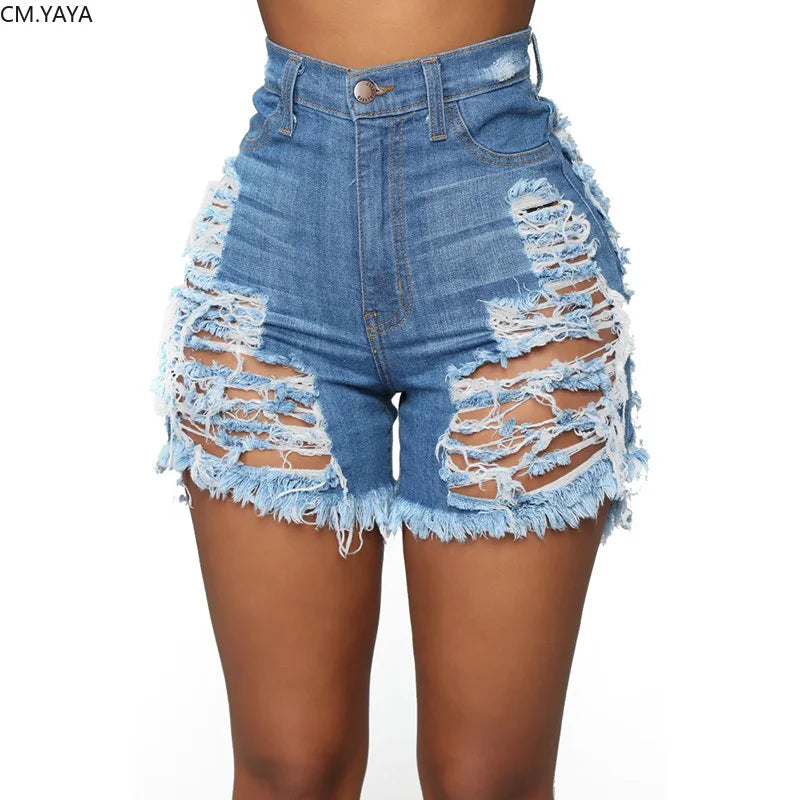Waterarea S-5XL Women Summer High Waist Zipper Fly Hollow Out Sexy Hole Denim Shorts Casual Tassel Hem Short Jeans