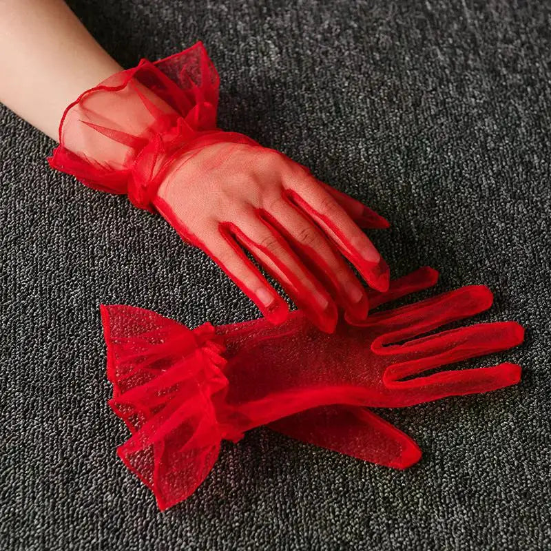 Women Short Tulle Gloves Sexy Lace Mittens Tulle Full Finger Gloves Lady Driving Glove Transparent Mittens Wedding Bridal Gloves