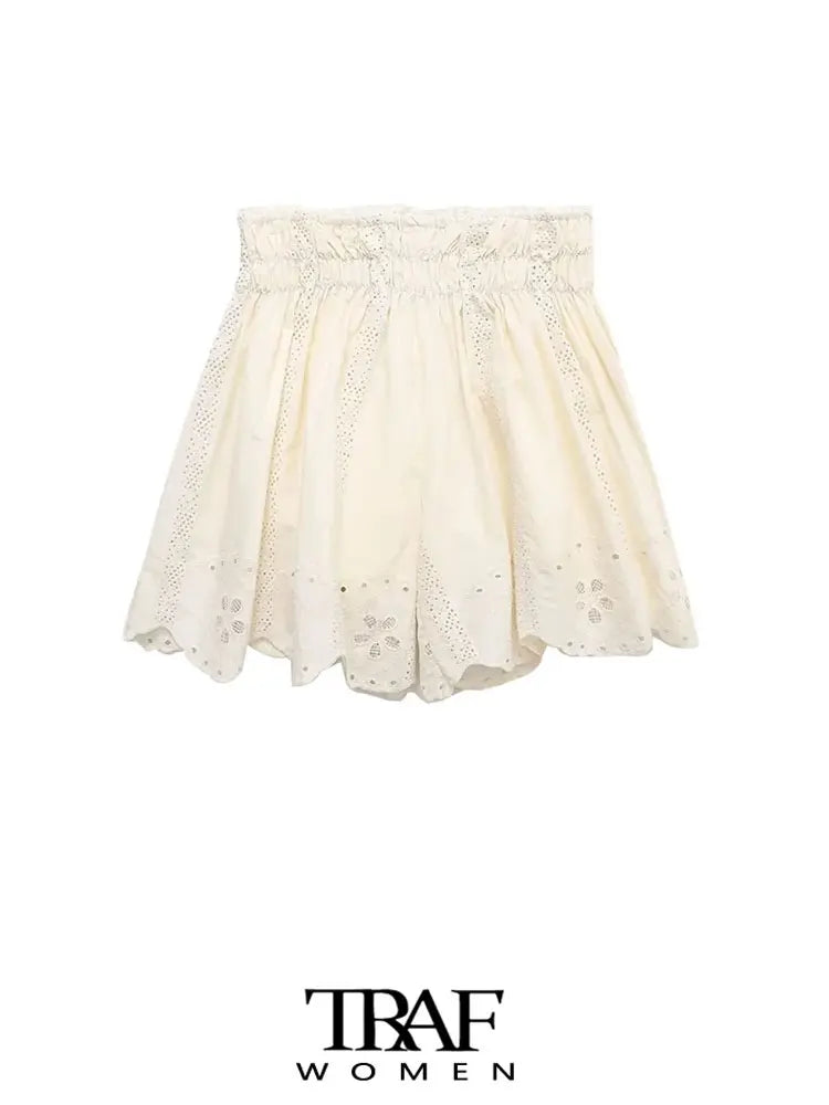 TRAF Women Fashion Embroidery Cropped Tank Tops And High Elastic Waist Shorts Female Two Piece Sets Mujer Viralgem Store