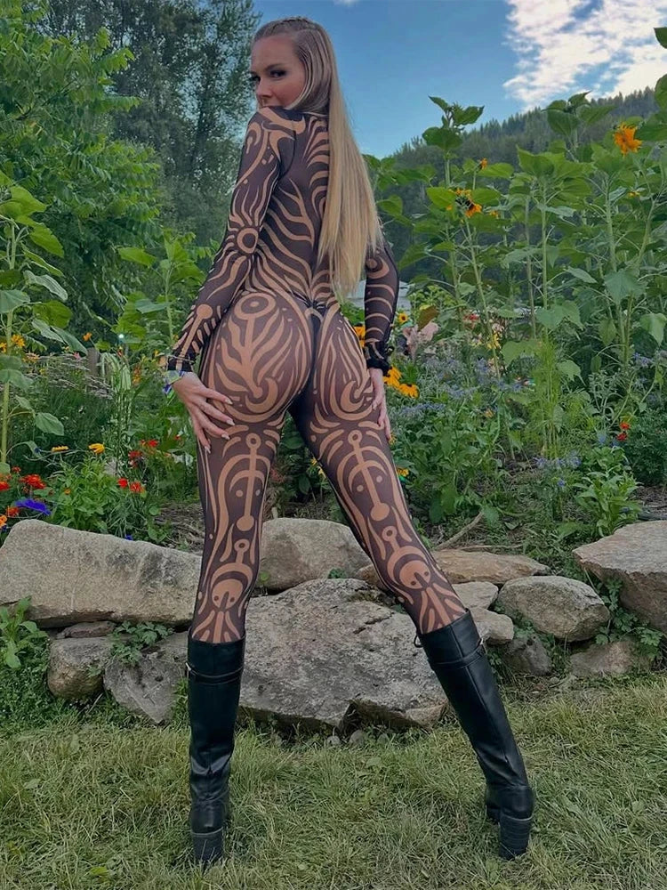 Sisterlinda Sexy Fashion Print Jumpsuits Woman Turtleneck Full Sleeve See Through Skinny Peach Hip Street Wild Style Overalls Viralgem Store