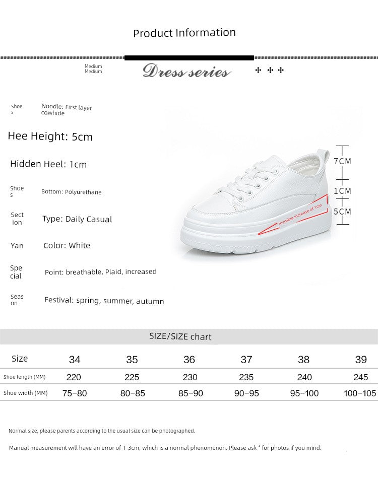 White Shoes Women's Spring New New Arrival Easiest for Match Breathable Thick Sole Ins Street Shooting Genuine Leather Elevator Casual Board Shoes Fashion