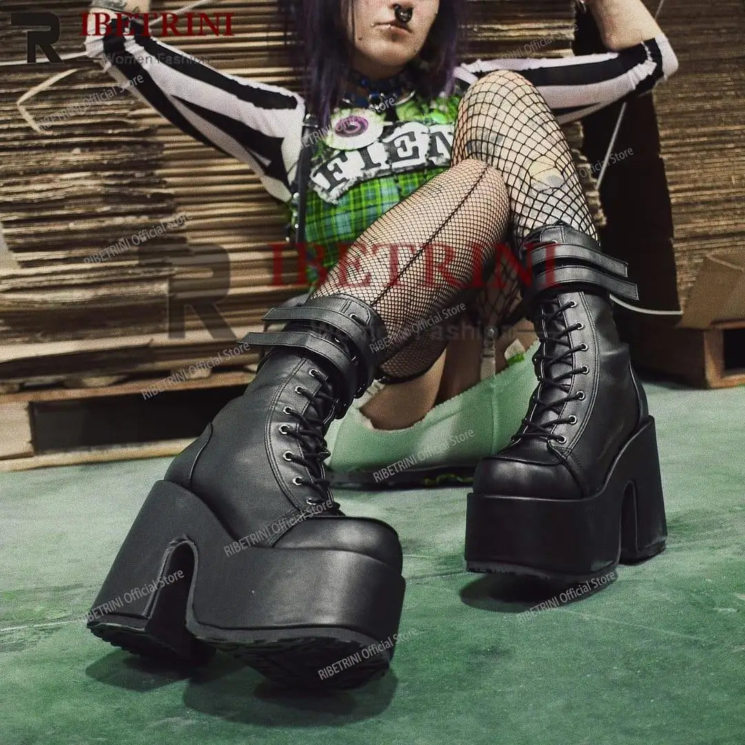 2023 Platform High Heel Cool Punk Fashion Women's High Quality Girls Goth Shoes Black Big Size 43 Cross-tied Casual Luxury Boots