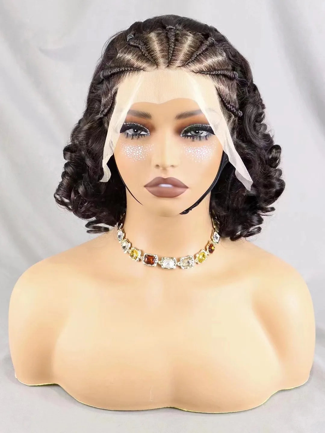 12-18 Inches Natural Color Fumi Loose Wave Bob Human Hair Wig with Braids for Black Women Brazilian Remy Hair Pre Plucked