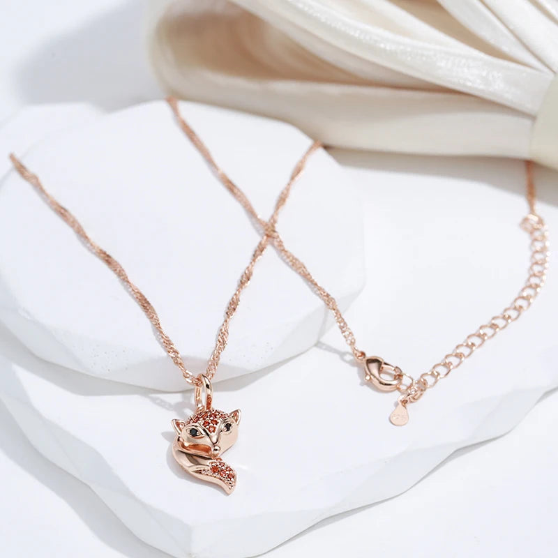 SYOUJYO Red Natural Zircon Fox Pendant Necklace For Women 585 Rose Gold Color Animal-shaped Fine Jewelry Viralgem Store