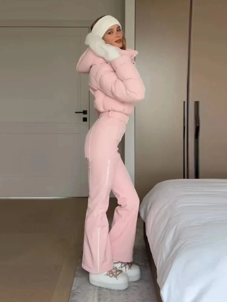 Snow Jumpsuit Women High Neck Zipper Long Sleeves Hoodie Patchwork Fur Belts Skiwear Female 2025 Winter Solid Warm Streetwears Viralgem Store