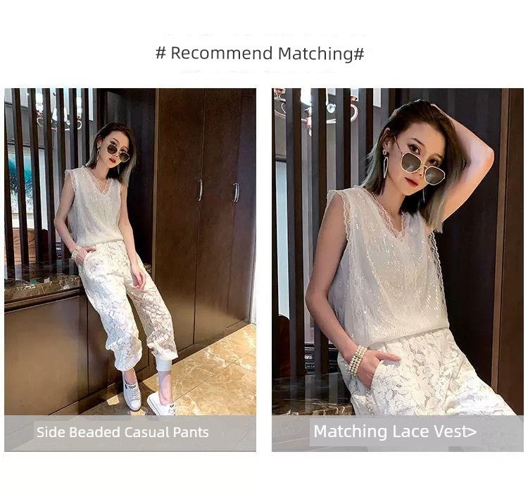 150.00kg Plus Size Heavy Industry Beaded Lace Casual Pants Plus Size Ladies Loose Fashion Thin Hollow Crochet Sports Pants