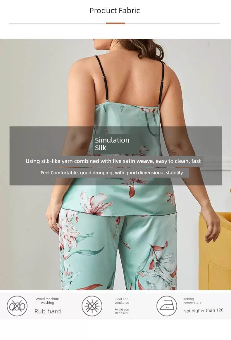 100.00kg Plus Size Ladies Plus Size Ice Silk Pajamas Fat Women plus Size Pajamas Set 2pcs 5x