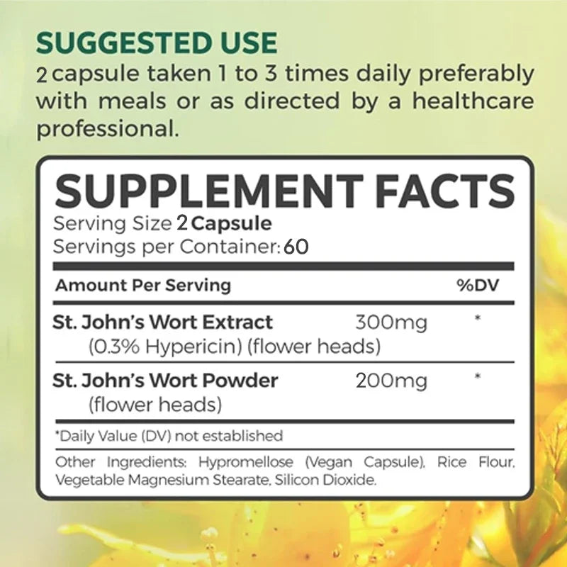 St. John's Wort Supplement  - Promotes Mental Health, Relieves Stress and Anxiety, Positive Mood - 120 Capsules