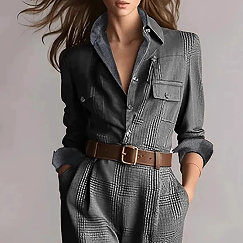 Vintage Plaid Print High Waist Jumpsuits Woman Elegant Shirt Collar Button Slim Bodysuit Fall Long Sleeve Pocket Romper Overalls Viralgem Store