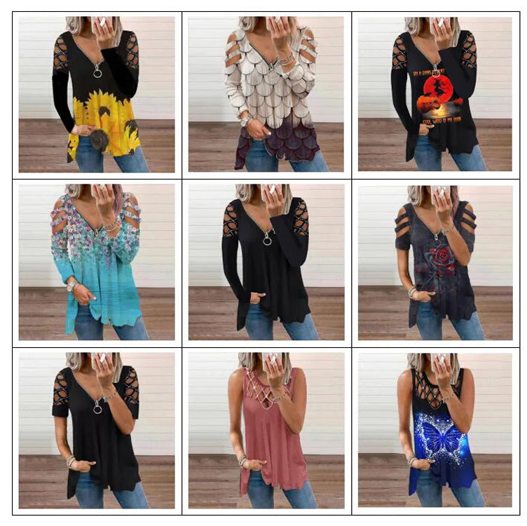 Summer Women's Oversized T-shirt 2022 Elegant Print Floral Casual Zipped V-Neck Sexy SlimTop Female Plus Size For Women Clothing