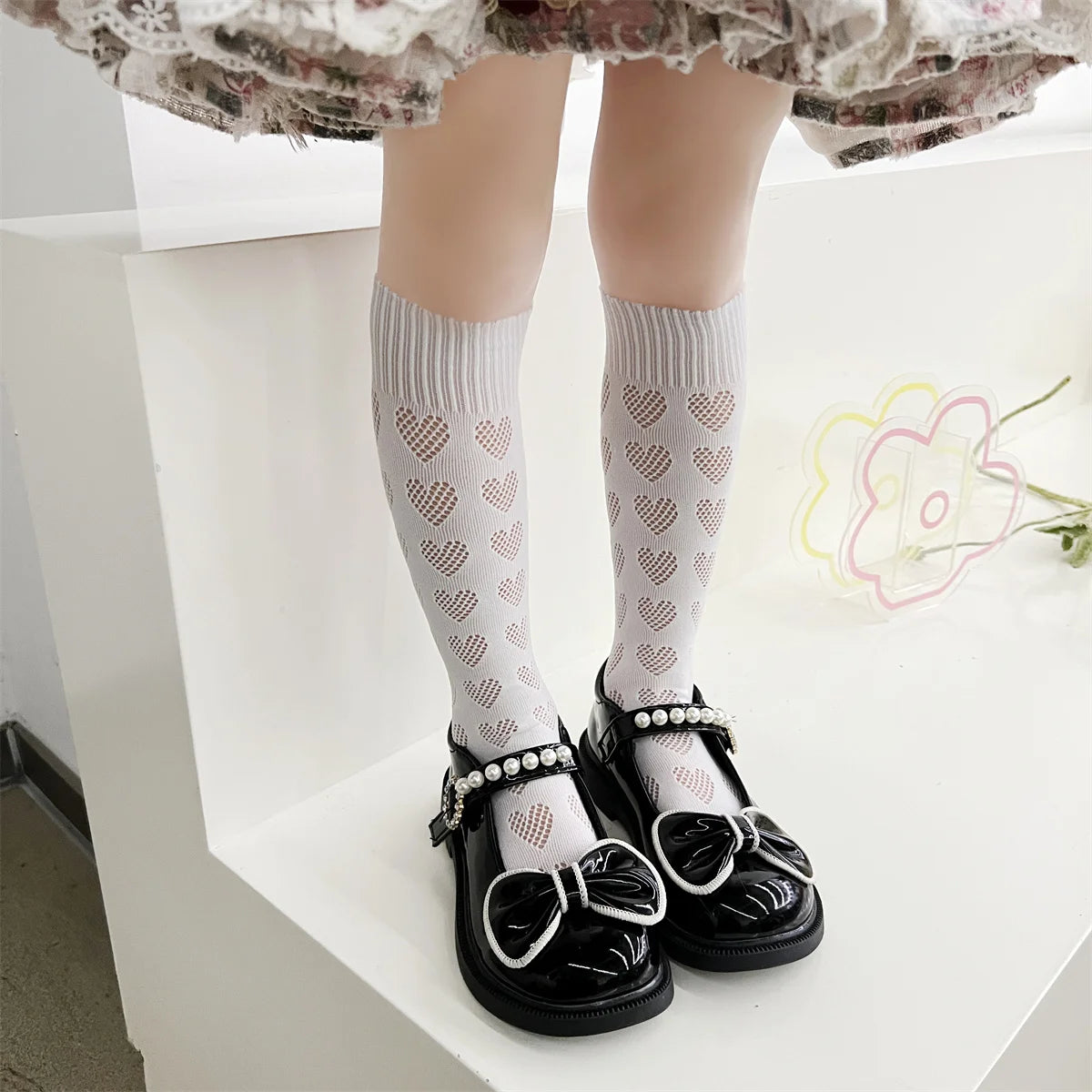 1/4 pairs of girls' dopamine heart hollow  mesh straight socks, lightweight  breathable heart mesh socks, women's long tube