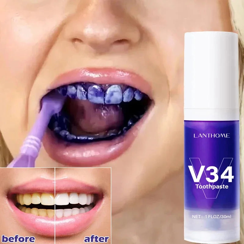 V34 Purple Teeth Whitening Toothpaste Remove Plaque Stains Cleaning Oral Hygiene Dental Bleach Tools Fresh Breath Beauty Health