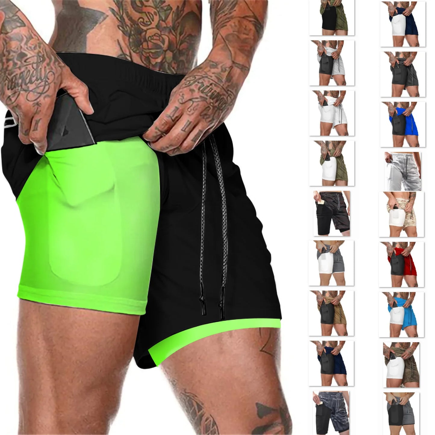 2024 European Men's Sports Summer New Double Layer Mobile Phone Pants Gym Exercise Jogging Training Shorts