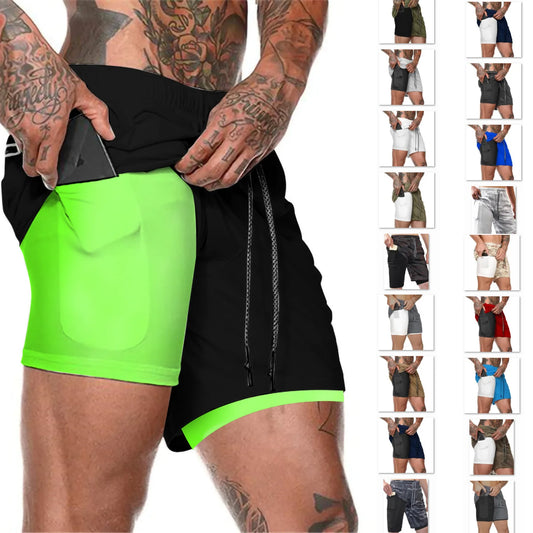 2024 European Men's Sports Summer New Double Layer Mobile Phone Pants Gym Exercise Jogging Training Shorts