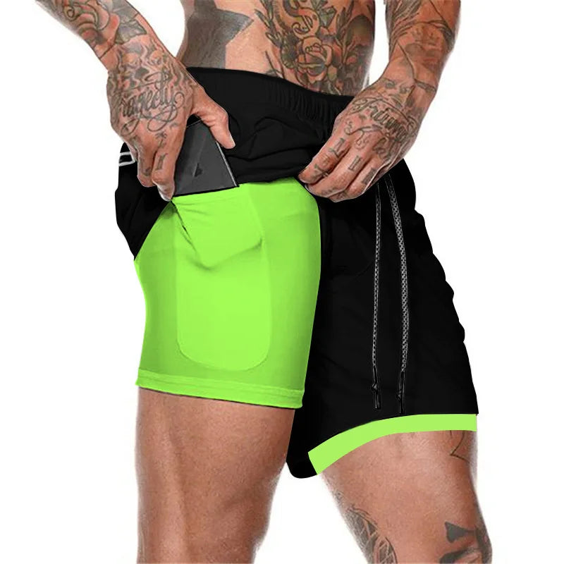 2024 European Men's Sports Summer New Double Layer Mobile Phone Pants Gym Exercise Jogging Training Shorts