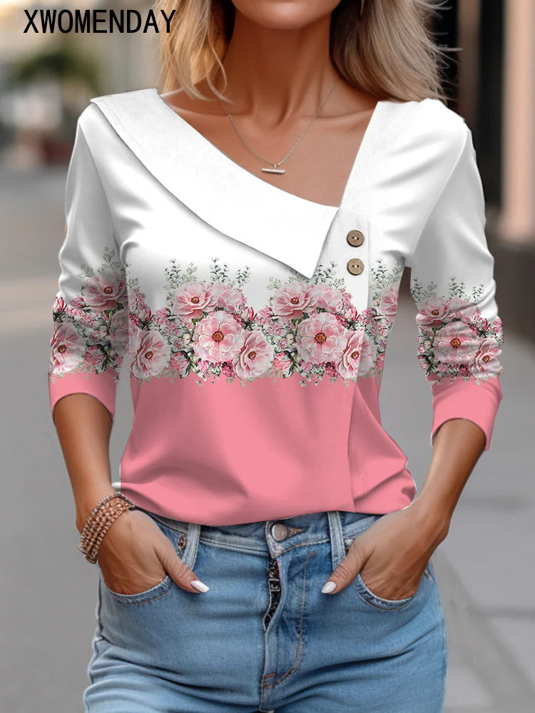 T Shirt For Women Fashion Long Sleeve Top White Floral Print Shirts And Blouses Autumn Winter Clothes For Women 2024 Viralgem Store