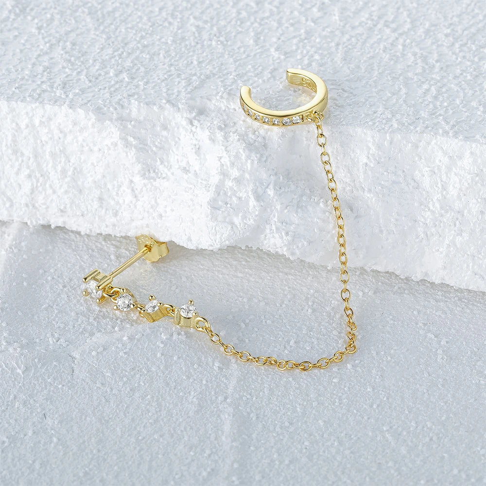 Aide 925 Sterling Silver 1pc Four Zircons Charm Chain Tassel Earrings For Women Double Studs Sparkling CZ Pave Cartilage Clips