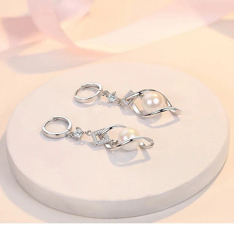 925 Sterling Silver Crystal Zirconia Natural Pearl Earrings, Women's Fashion Gorgeous Wedding Engagement Party Jewelry