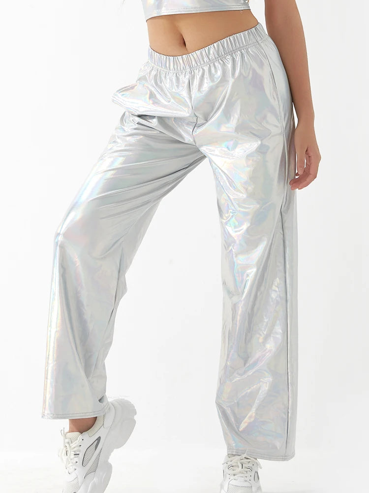Women Adult Shiny Straight Leg Pants Casual High Waist Metallic Pants Super Long Holographic Pants Disco Bottoms Viralgem Store