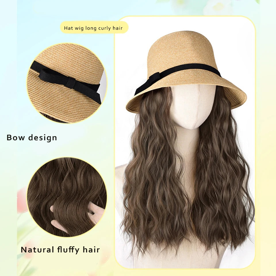 Synthetic Wig Hat One Female Summer New Braided Fisherman's Hat Ripple Full Head Fashion Sunshade Lafite Hat