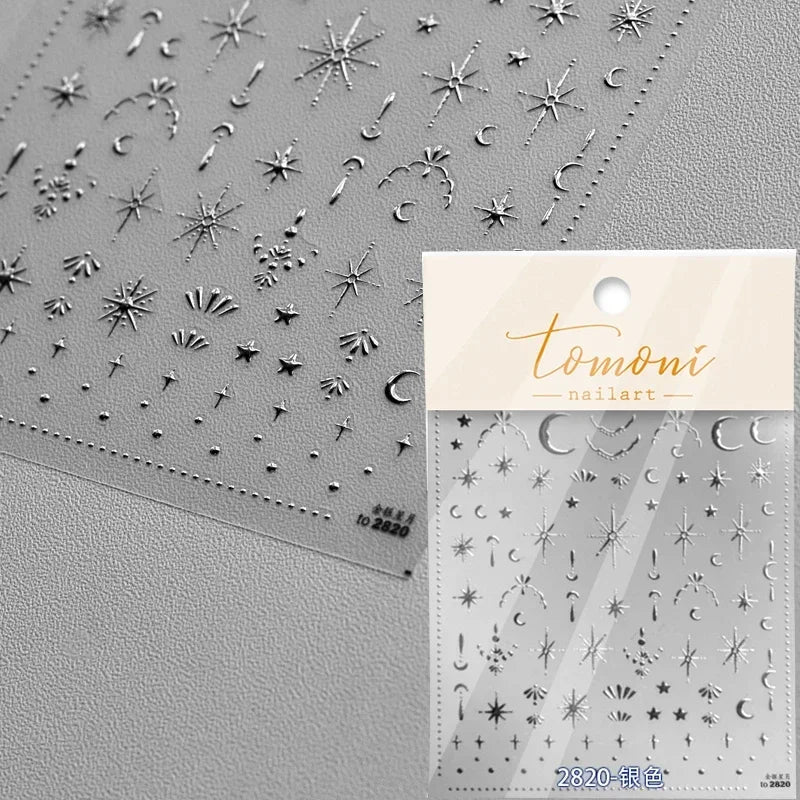 5D Laser Star Moon Snowflake Shiny Rhinestone Embossed Relief Self Adhesive Nail Art Decoration Sticker Manicure Decals
