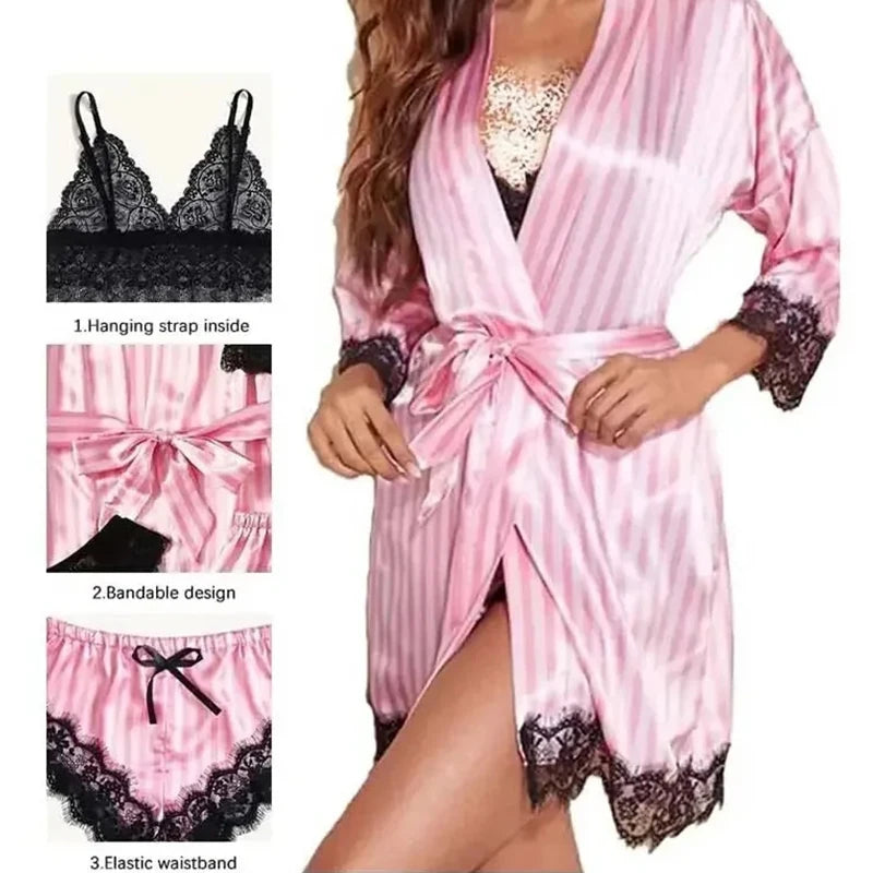 Women's Fashion Pajama Print Sexy Lace Trim Faux Silk Satin Pajama Set Gown Skin Friendly Comfort Loungewear Sexy Pajamas Viralgem Store