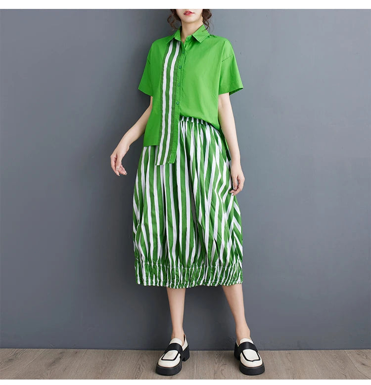 Summer Striped Print 2 Two Piece Set Women Irregular Patchwork Fashion Ladies Cropped Shirts Loose Casual Pleated Woman Skirts Viralgem Store