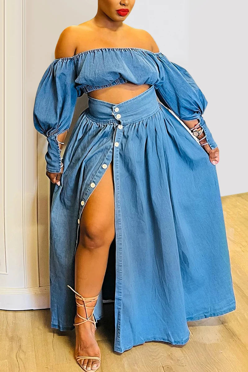 Women's Plus Size Casual Off The Shoulder Split Button Two Pieces Demin Skirt Set Lantern Sleeve Vintage Crop Top Matching Set Viralgem Store