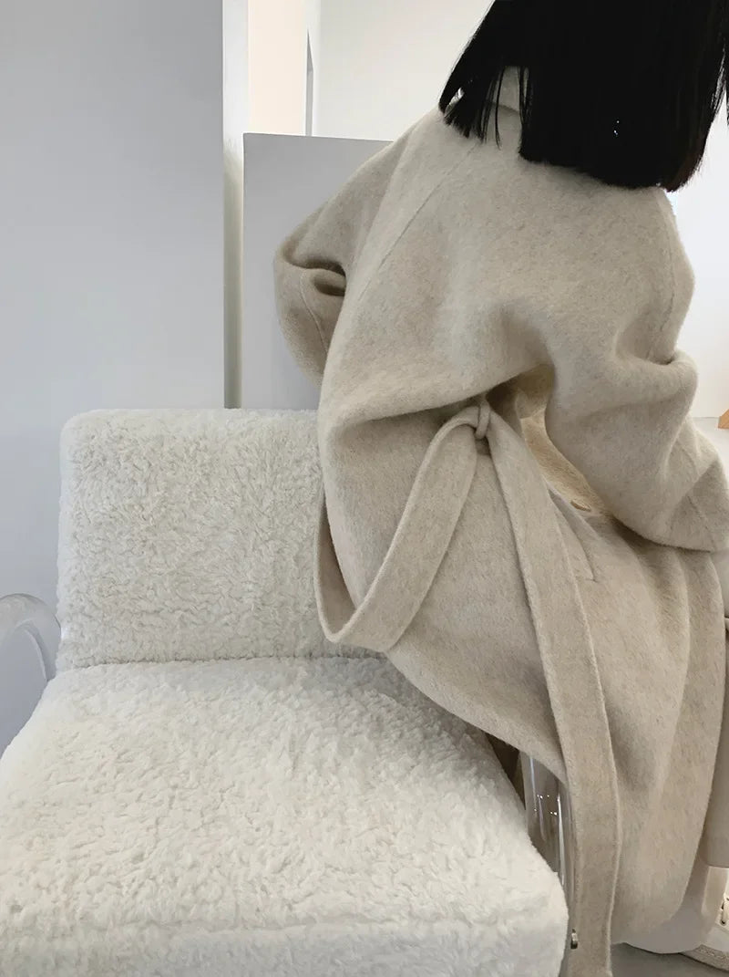 2024 Autumn Winter Wool Coat Women Double-breasted Solid Color Women's Double-sided Woolen Belt Coats Loose Warm Wool Jacket