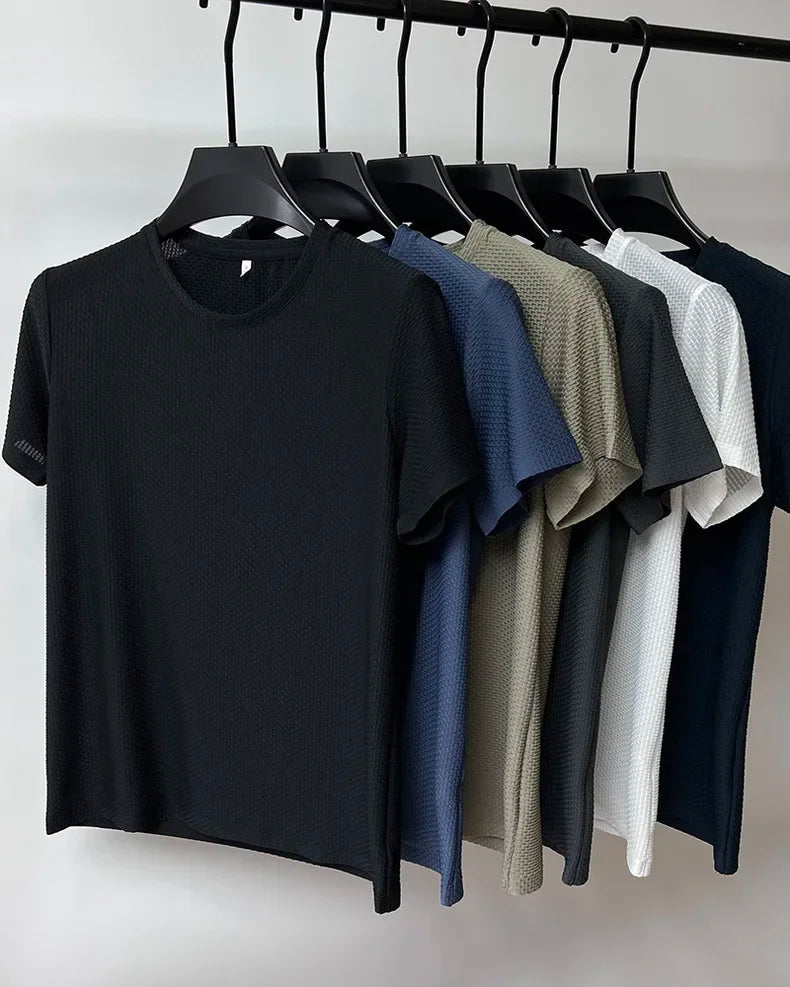 Summer Ice Silk High-End Solid Color High Quality Short Sleeve T Shirts Men's Breathable Fashion T-Shirt Male Brand Clothes 4XL