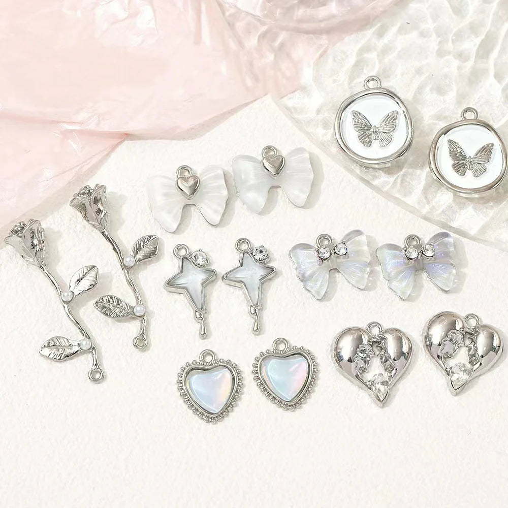 5Pcs Cute Pink Alloy Pearl Rose Heart Bow Tulip Charms DIY Handmade Necklace Earrings Pendant Jewelry Accessories For Women Girl