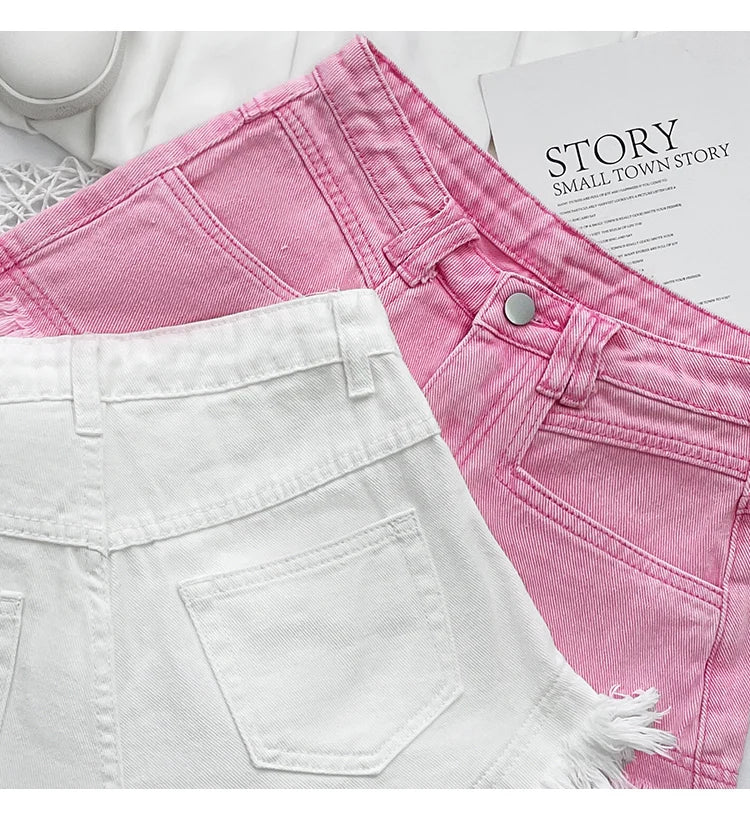 White Denim Shorts Women New High-Waist Ripped Fringed Burr Hot Pants 2023 Summer Loose Wide-Leg Korean Style Short Femme