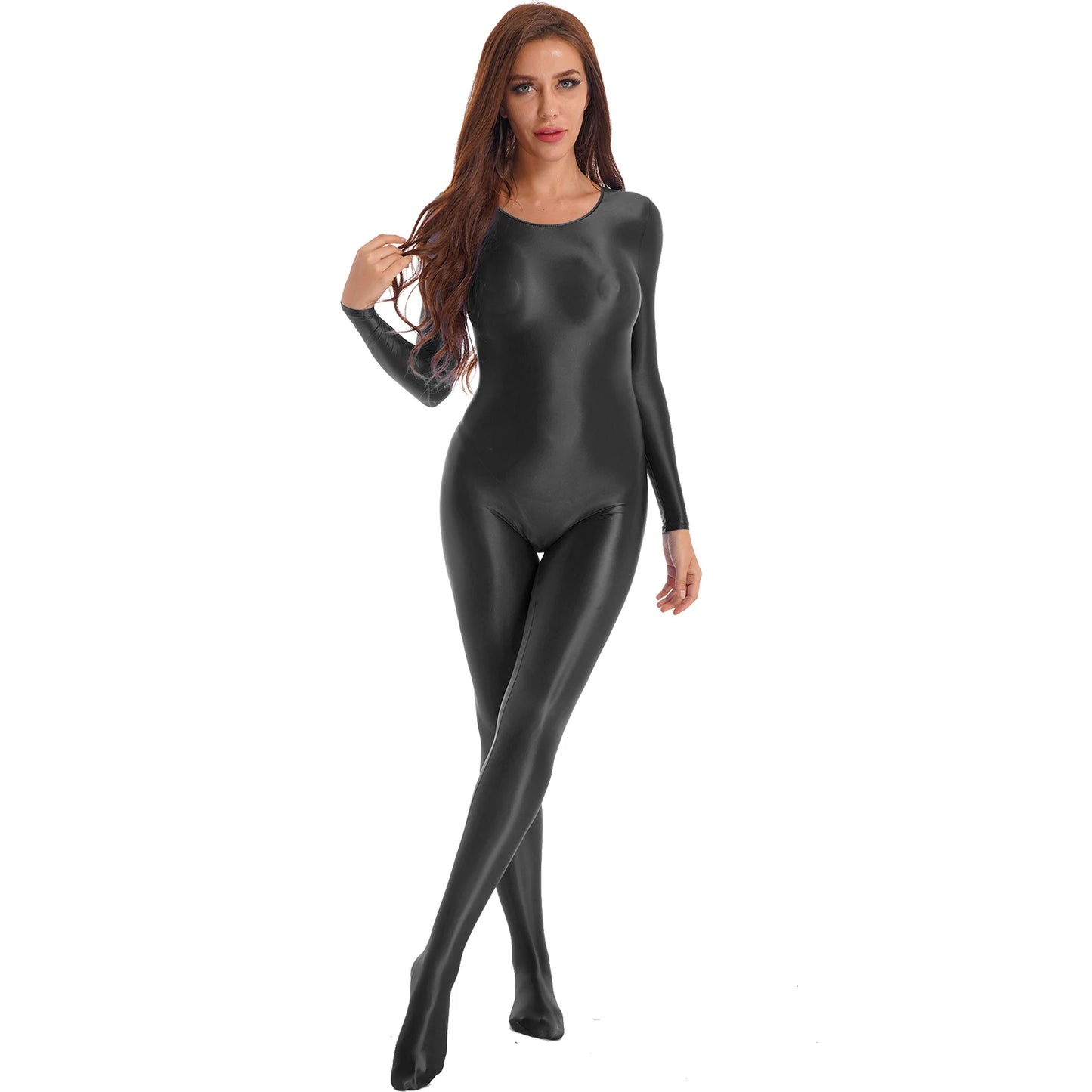Womens Oil Glossy Bodysuit One Piece Swimwear Long Sleeve Teddies Stretchy Jumpsuit Bodystocking Rave Party Clubwear Swimwear