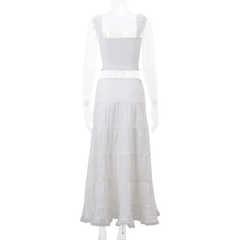 2 Piece Sets Lace Patchwork Beach Holiday Matching Set Outfits Sexy Summer Women Square Neck Crop Top and Long Skirt