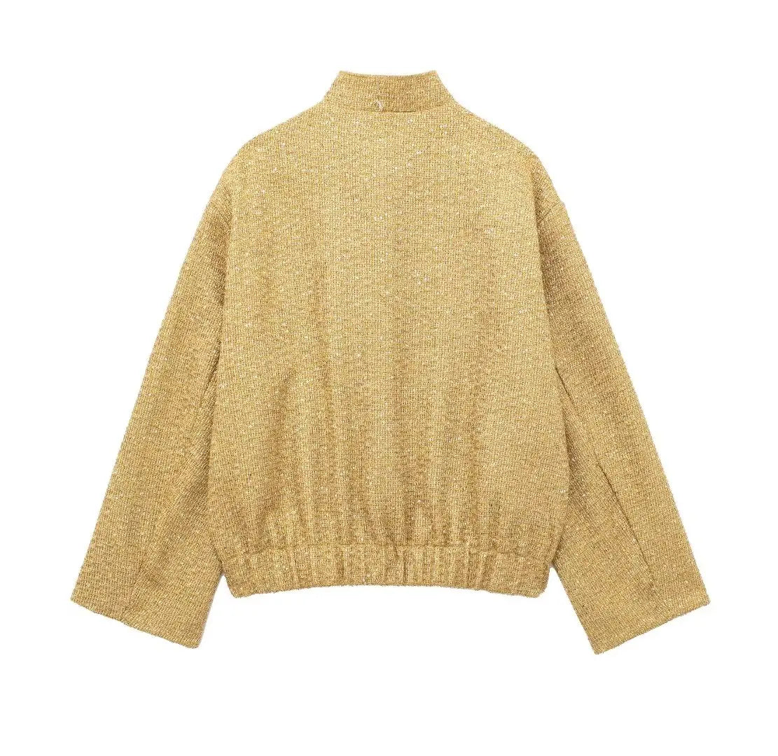 TRAFZA Women Trend Gold Sequin Decoration Loose Short Jacket Woman New Fashion Coat Versatile Warm Chic And Elegant Female Coats Viralgem Store