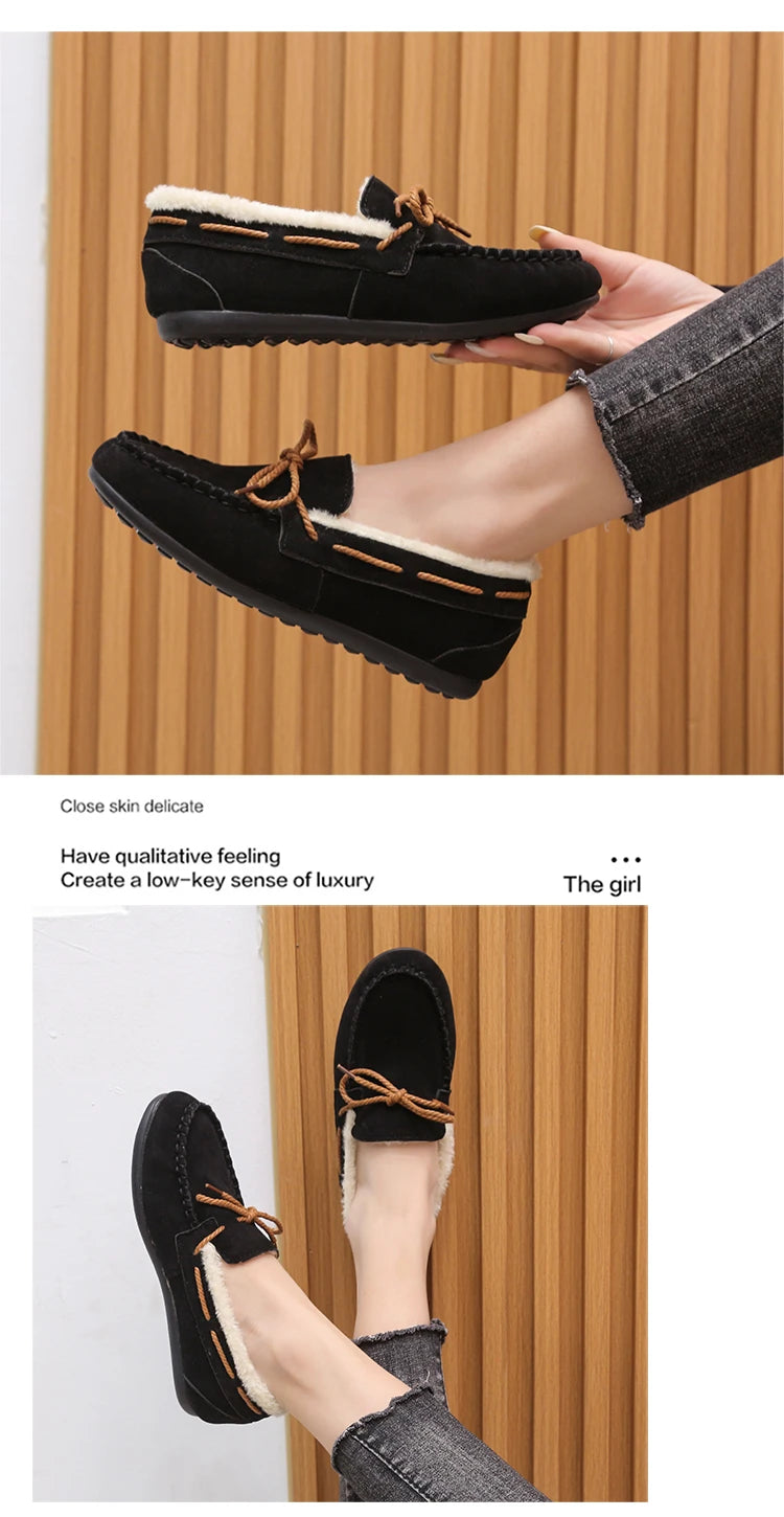 2023 autumn and winter new Doudou shoes women plus cashmere warm bow Korean version of casual shallow mouth flat lazy cotton sho
