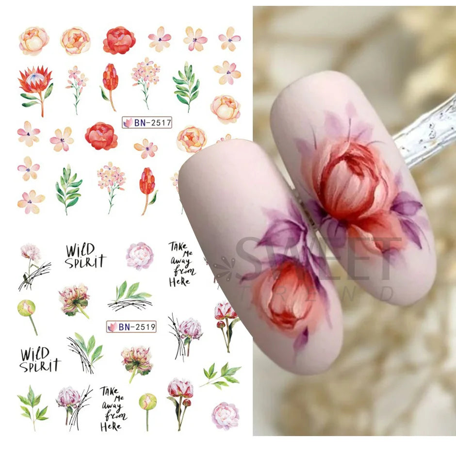 12 Design Floral Nail Art Stickers Water Decals Transfer Summer Painting Flower Leaf Rose Manicure Decoration Nail Sliders Wraps