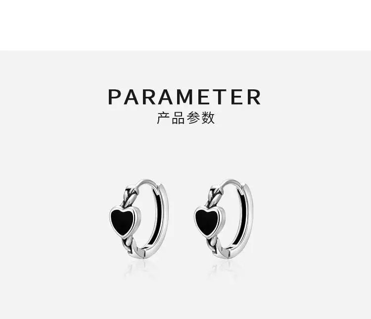 925 Sterling Silver Black Heart hoop Earrings Temperament Simple Inlaid for Women Wedding Jewelry Accessories
