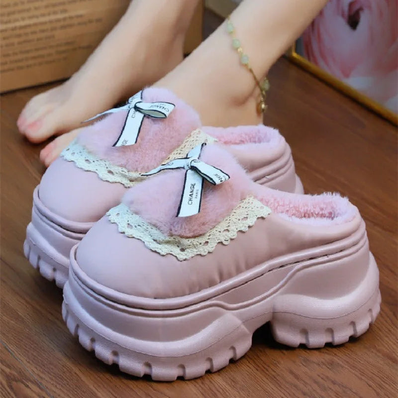 8 cm High platform fur slippers women's winter fluffy ear home shoes woman white bunny rabbit slippers woman house clog shoes