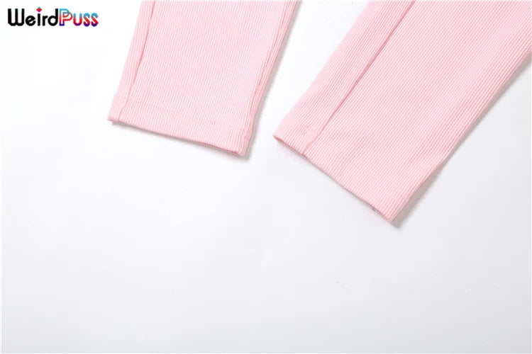 Weird Puss Fitness Button Low-Neck Casual Jumpsuit Women Autumn Fashion Ribbed Stretch Full Sleeve Basic Body-Shaping Overalls