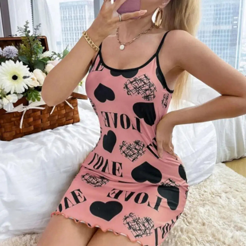 Spaghetti Strap Sleep Dress Heart Letter Print Nightdress Backless Lady Nightgown Casual Round Neck Sling Women Sleepwear Dress Viralgem Store