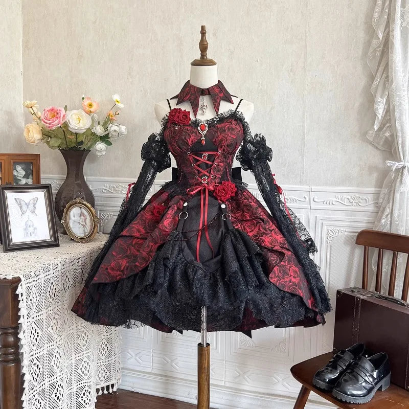 Victorian Gothic Lolita Dress Set Women Y2k Retro Rose Print Bandage Evening Party Dresses With Black Lace Sleeve Elegant Dress Viralgem Store