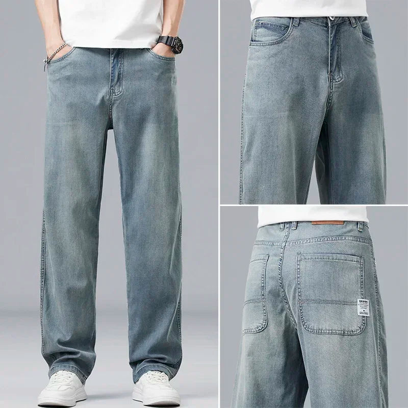 2025 New Summer Ultra-thin Lyocell Men's Jeans Drape Soft Fabric Loose Straight Casual Denim Pant Elastic Ice Silk Male Trousers