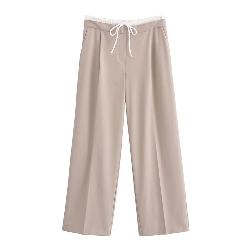 YENKYE Women Adjustable Double High Elastic Waist Wide Leg Pants With Drawstring Female Office Wear Casual Trousers pantalones