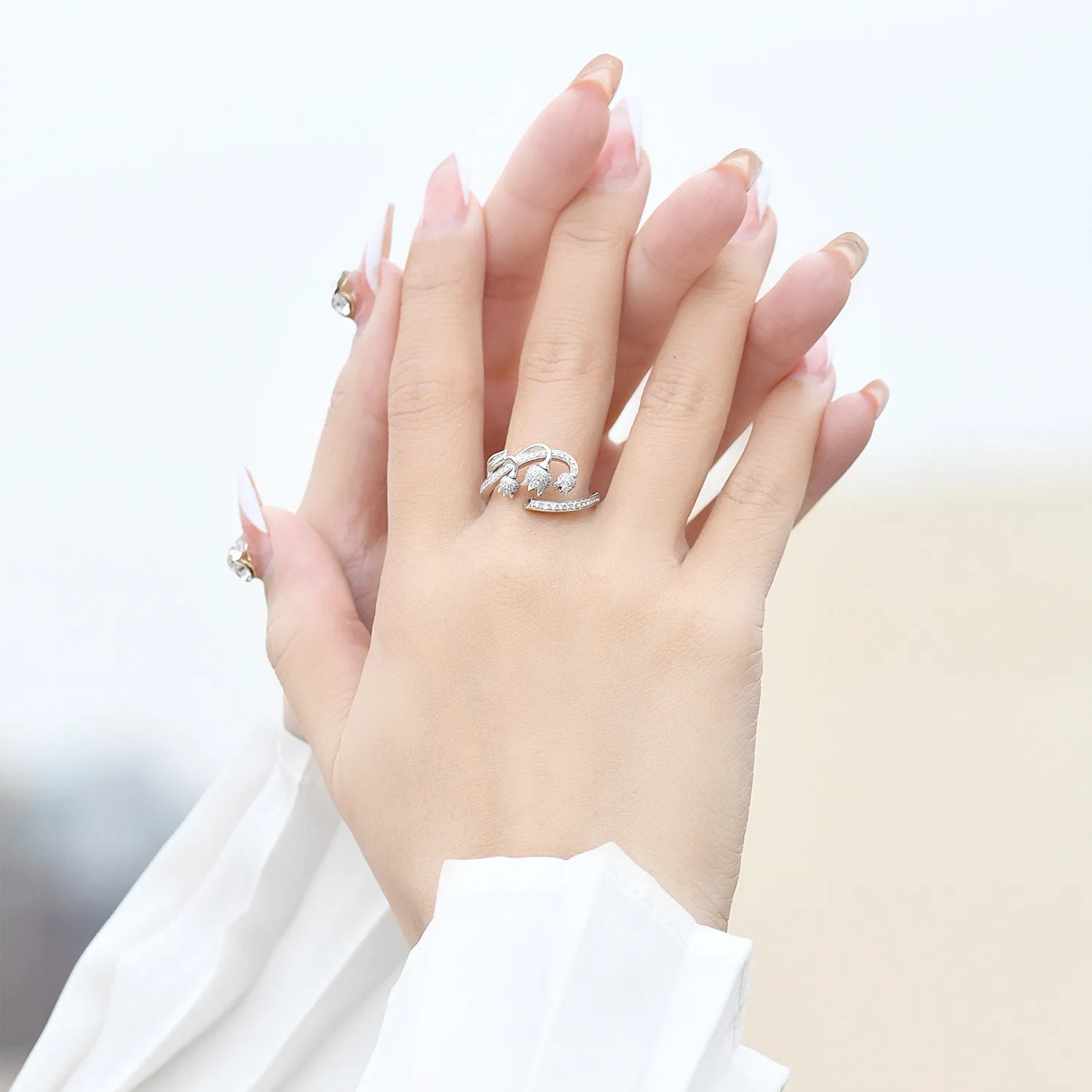 925 Silver Color Delicate Flower Bud White Zircon Ring Female Fashion Irregular Opening Ring Party Wedding Birthday Gift Viralgem Store