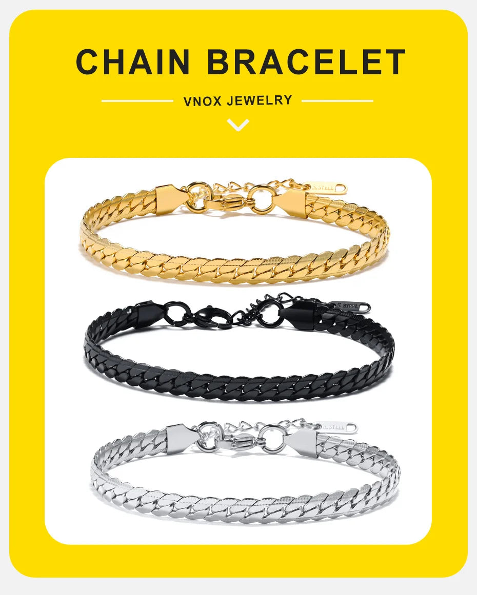 Vnox 6mm Stainless Steel Flat Cuban Chain Bracelets for Men, Adjustable Miami Curb Links Bracelet, Casual Punk Wrist Jewelry